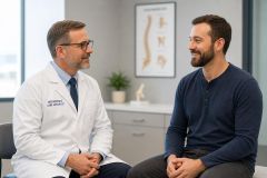 Orthopedic specialist consulting a patient in a calm clinic, spine chart visible behind them.