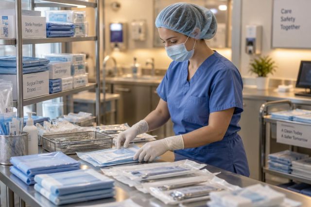 Surgical nurse preparing sterile instrument packs on a clean hospital procedure preparation counter.
