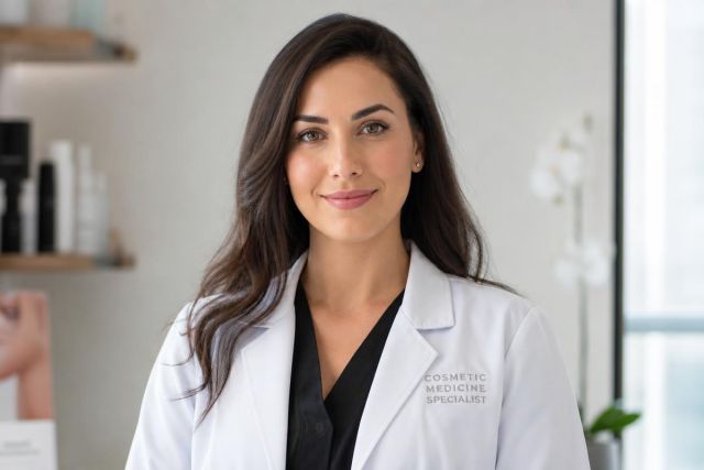 Female cosmetic medicine specialist in clinic, calm professional portrait with neutral background
