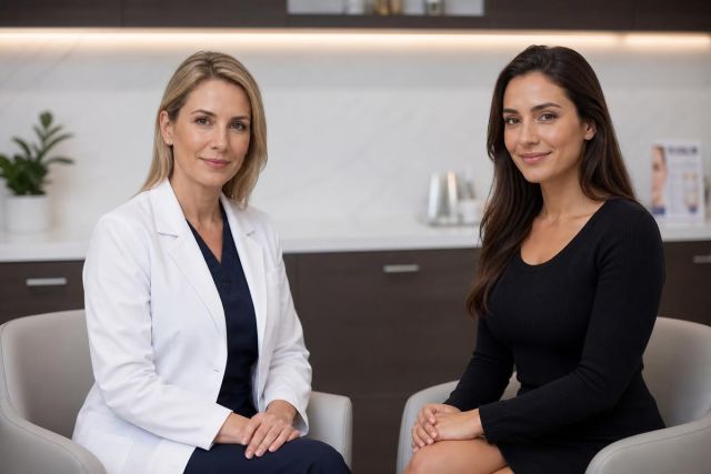 Clinician consulting patiently with a patient in a calm cosmetic clinic consultation room.