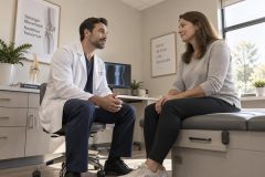 Orthopedic surgeon consulting with a middle-aged patient in a calm clinic exam room.