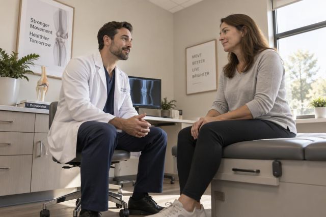 Orthopedic surgeon consulting with a middle-aged patient in a calm clinic exam room.