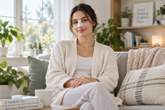 Young woman with nasal bandage resting on couch in bright, calming home recovery setting.