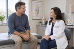 Orthopedic specialist consulting a seated patient in clinic, knee anatomy poster visible.