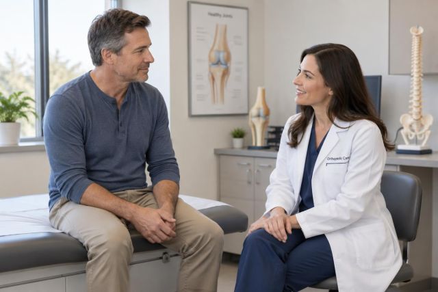 Orthopedic specialist consulting a seated patient in clinic, knee anatomy poster visible.