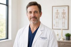 Orthopedic specialist in clinic with anatomical poster and spine model, calm professional portrait.