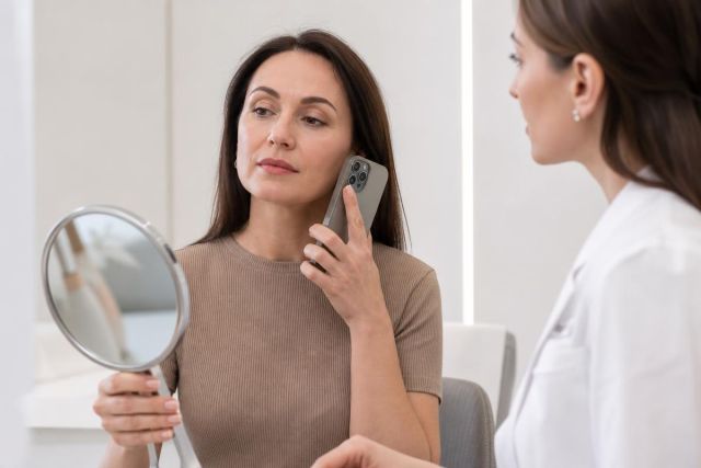 Patient consulting with clinician, examining her nose in a hand mirror during evaluation.