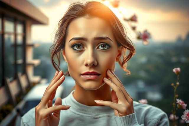 In this image, a woman is standing in front of an open window with her hand to her chin, as if deep in thought or contemplation. The environment suggests an urban setting with buildings and trees visible through the window. Her facial expression conveys seriousness and introspection. She is wearing makeup and has her hair styled, indicating a formal or polished appearance. The overall mood of the image is one of calmness and contemplation.