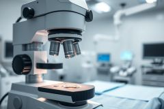 Close-up of a laboratory microscope in a modern science lab. Predominantly white and gray tones, with blurred background featuring equipment and monitors. Focus on scientific research, biology, and microscopy.