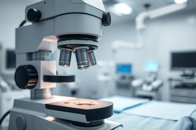 Close-up of a laboratory microscope in a modern science lab. Predominantly white and gray tones, with blurred background featuring equipment and monitors. Focus on scientific research, biology, and microscopy.