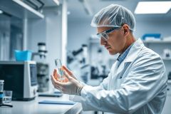 Scientist in a modern lab examining a test tube. He wears a lab coat, goggles, and gloves, focused on the liquid inside. The sterile environment features scientific equipment and a bright, clean aesthetic. Research, science, laboratory, and analysis are key themes.