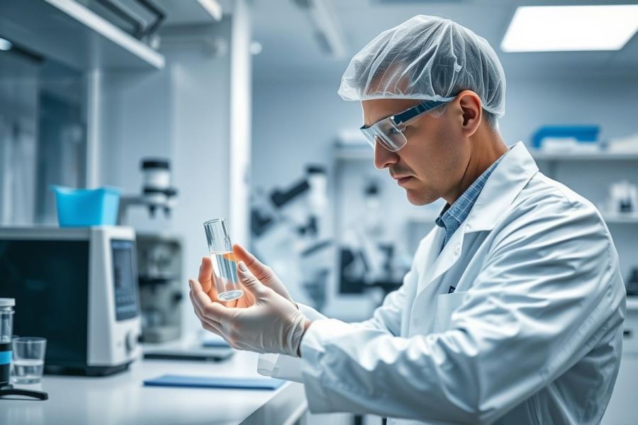 Scientist in a modern lab examining a test tube. He wears a lab coat, goggles, and gloves, focused on the liquid inside. The sterile environment features scientific equipment and a bright, clean aesthetic. Research, science, laboratory, and analysis are key themes.