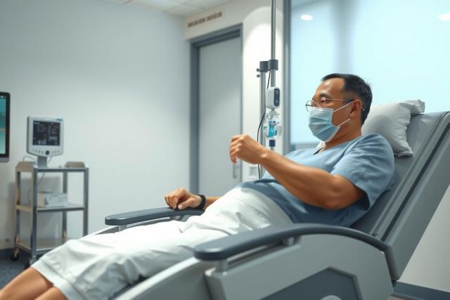 Man receiving IV drip in a medical clinic. He's lying in a recliner, wearing a blue gown, and appears relaxed in a clean, modern environment. Healthcare setting, patient care, wellness.