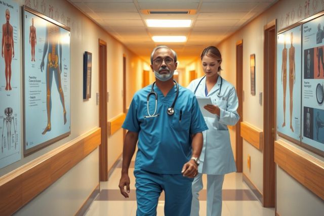 The image depicts a hospital corridor with medical professionals. There are two individuals wearing scrubs and stethoscopes around their necks; one appears to be male, with a beard, while the other is female.