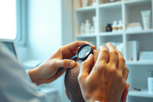 Close-up of a medical professional examining a patient's scalp with a magnifying glass. The setting appears to be a dermatology clinic or office, with shelves of skincare products visible in the background.