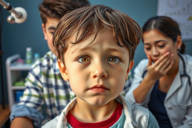 The image depicts a young boy sitting in front of a camera. There is another person, possibly an adult or another child, seated next to him on the left side. The setting appears to be indoors with artificial lighting. The colors are neutral tones, and there's no text visible in the image.