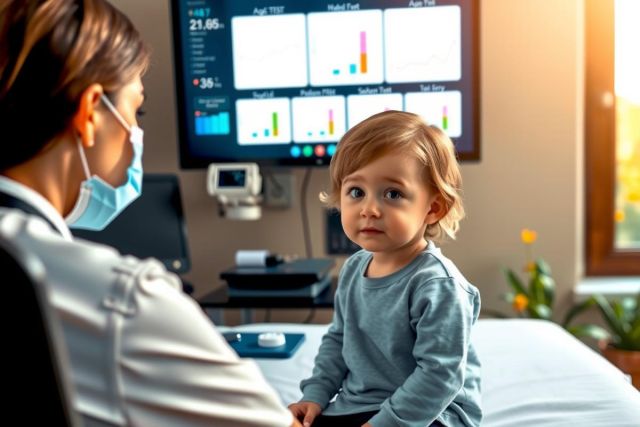 The image depicts a healthcare professional, possibly a nurse or doctor, wearing medical attire and sitting beside a young child on a hospital bed. They are both looking towards the camera with a clinical yet caring environment around them. The clinician is monitoring the child's vitals using a digital display.