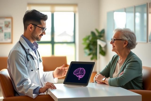 Doctor consults with a patient in a bright office setting. A screen displaying a brain image sits on a table. Focus is on healthcare, medical consultation, and patient care.