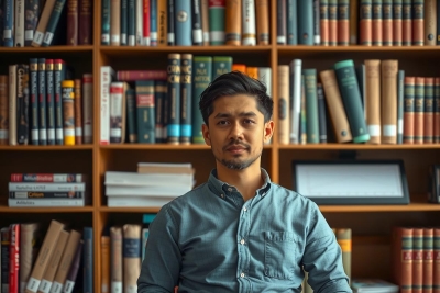 The image features a young man seated in front of bookshelves filled with books. The man is wearing a blue shirt and has short, dark hair. He appears to be engaged in reading or studying, as suggested by his focused gaze towards the camera.