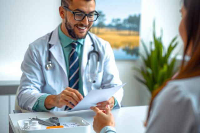 Doctor examining a patient's chart in a bright, modern office. The physician wears a white coat and stethoscope, conveying a medical consultation setting. Focus on healthcare, examination, and professional medical environment.