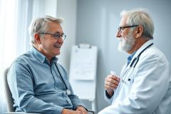 Doctor and senior patient consult in a bright, modern clinic. The scene depicts a healthcare checkup with a focus on elder care and medical consultation. Warm lighting and neutral colors create a professional atmosphere.