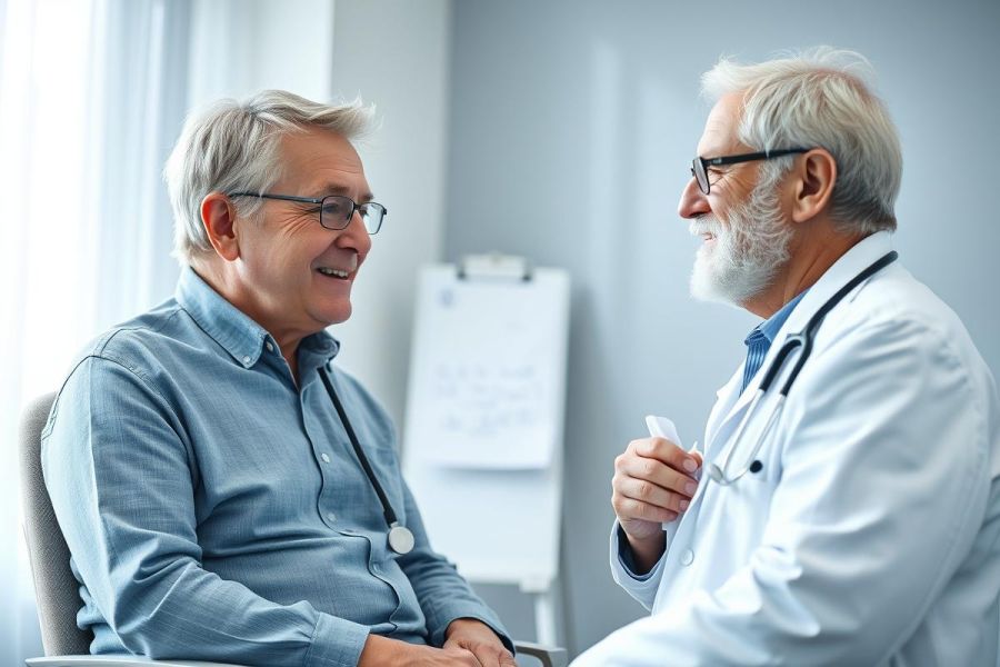 Doctor and senior patient consult in a bright, modern clinic. The scene depicts a healthcare checkup with a focus on elder care and medical consultation. Warm lighting and neutral colors create a professional atmosphere.