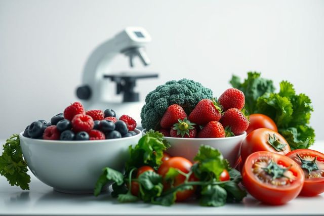 Healthy food still life featuring fresh berries, broccoli, strawberries, tomatoes, and leafy greens. A microscope in the background suggests food science or nutrition. Vibrant red, green, and blue tones against a clean white backdrop. Focus on natural, wholesome ingredients.