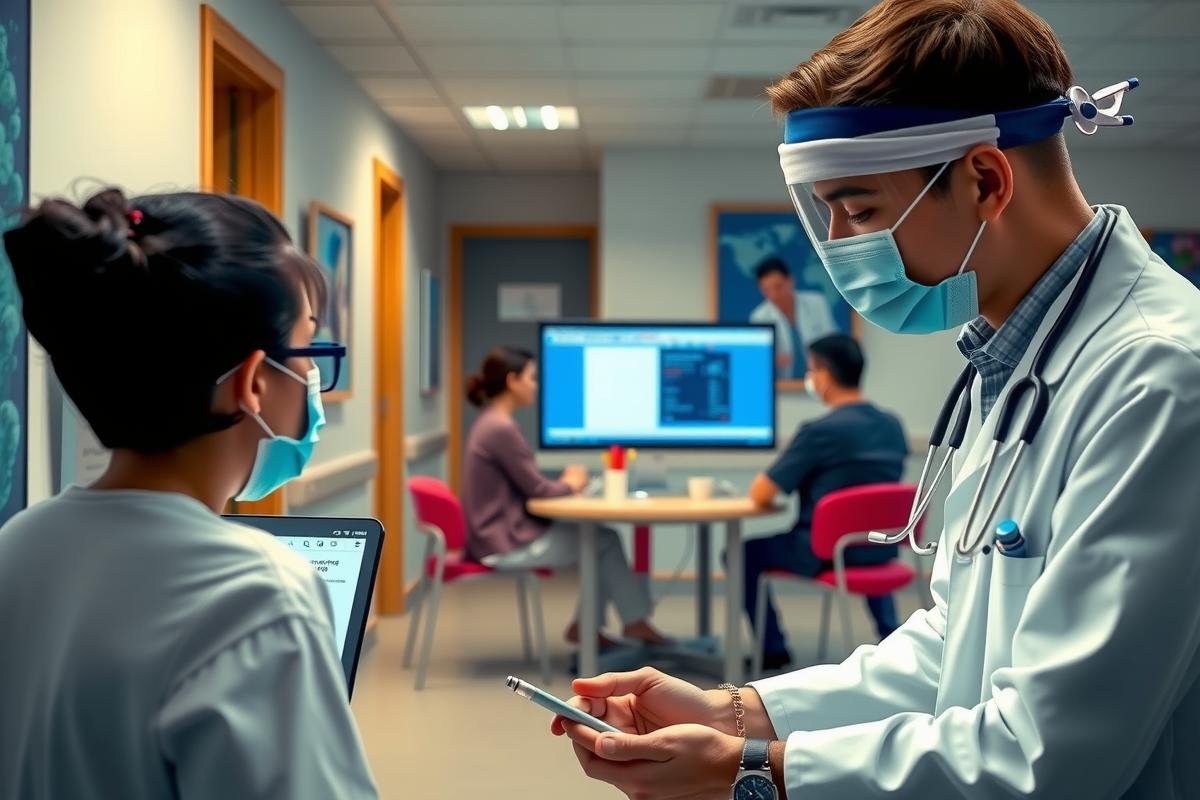 The image depicts a medical office setting where healthcare professionals, possibly doctors or nurses, are engaged in consultation. A patient is seen seated across from the professional who appears to be examining their condition with a digital device, likely a tablet or laptop.