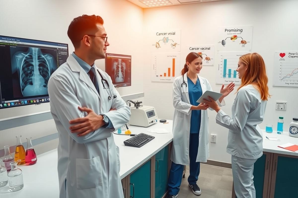 Medical professionals in a hospital setting, gathered around a display with medical data. There is an X-ray on the screen and papers laid out on the desk.