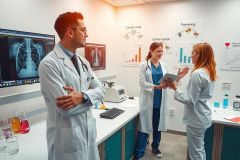 Medical professionals in a hospital setting, gathered around a display with medical data. There is an X-ray on the screen and papers laid out on the desk.