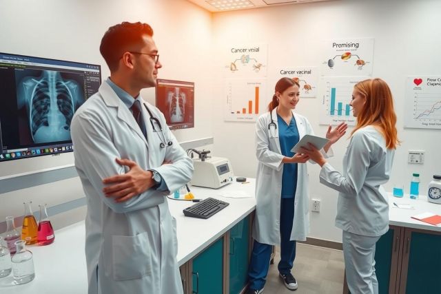 Medical professionals in a hospital setting, gathered around a display with medical data. There is an X-ray on the screen and papers laid out on the desk.