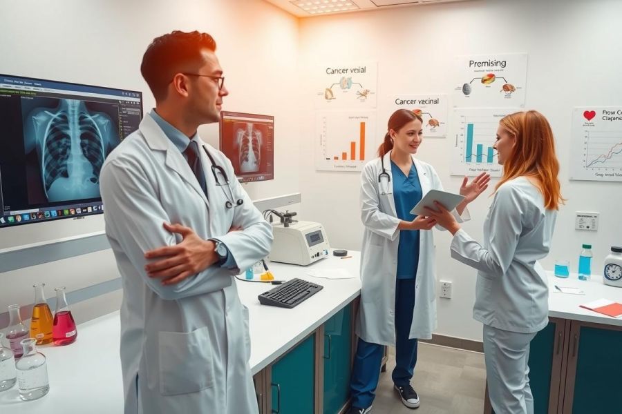 Medical professionals in a hospital setting, gathered around a display with medical data. There is an X-ray on the screen and papers laid out on the desk.