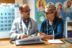In this image, a male doctor and female nurse are seated at an office desk in what appears to be a medical office setting. The male doctor is wearing glasses and a stethoscope around his neck while the female nurse is holding papers. They are looking at each other across the desk in a professional manner, suggesting they might be discussing patient care or reviewing medical documents.