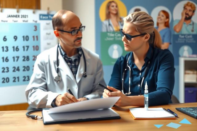 In this image, a male doctor and female nurse are seated at an office desk in what appears to be a medical office setting. The male doctor is wearing glasses and a stethoscope around his neck while the female nurse is holding papers. They are looking at each other across the desk in a professional manner, suggesting they might be discussing patient care or reviewing medical documents.