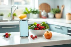 Healthy kitchen still life featuring fresh raspberries, blueberries, and an apple in a bowl. A smartphone sits on a countertop next to the fruit, set against a bright, modern kitchen background with plants and natural light. Focus on healthy eating and lifestyle.