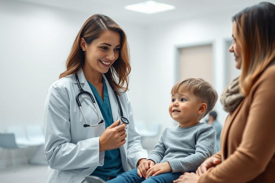 A smiling female doctor in a white coat examines a young boy with his mother in a bright, modern clinic setting. The image conveys healthcare, pediatric care, and a positive doctor-patient relationship with warm, inviting colors.