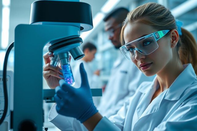 Scientist in lab coat examining a vial with a microscope. Close-up, focus on research and analysis. Blue light, sterile environment, scientific discovery.