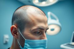 Close-up of a medical professional wearing a blue surgical mask in a teal-colored examination room. The man, with a shaved head, appears focused under bright, clinical lighting. Healthcare, medical, doctor, patient care, and hygiene are key themes.