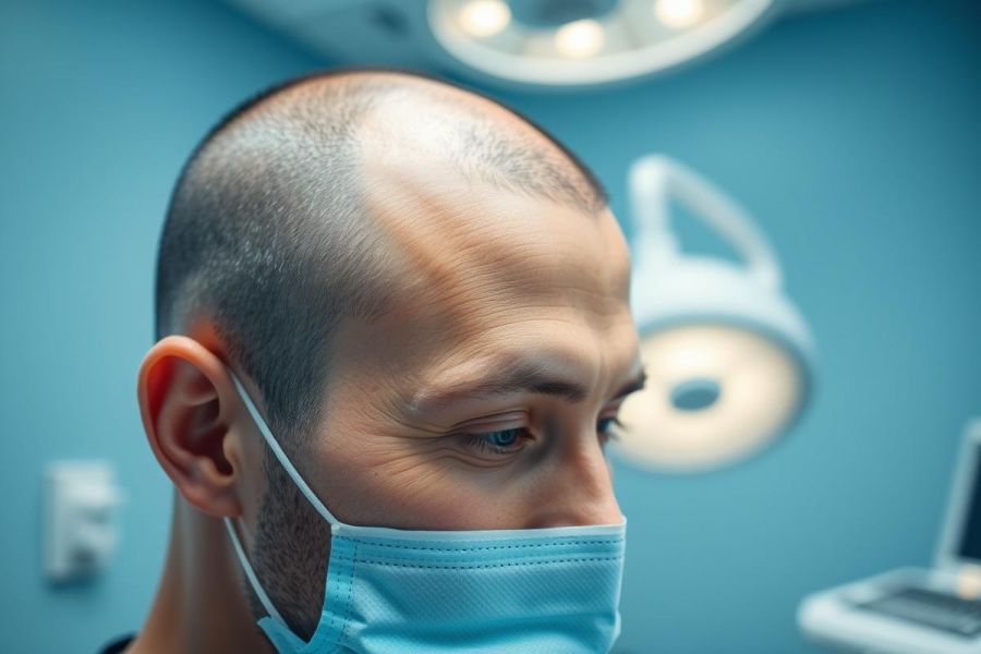 Close-up of a medical professional wearing a blue surgical mask in a teal-colored examination room. The man, with a shaved head, appears focused under bright, clinical lighting. Healthcare, medical, doctor, patient care, and hygiene are key themes.