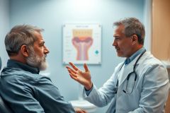 Doctor consults with a mature patient in a medical office. The scene features a white-coated physician discussing health concerns with a bearded man, against a blue wall with anatomical chart. Healthcare, consultation, and medical examination themes.