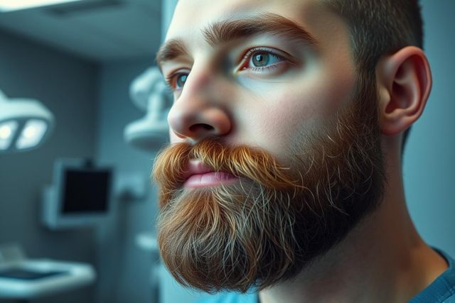 Close-up portrait of a man with a prominent ginger beard and mustache, set in a modern medical or dental clinic. Cool blue and grey tones dominate the scene. Focus on facial features and a professional, slightly serious expression. Healthcare, beard style, portrait photography.