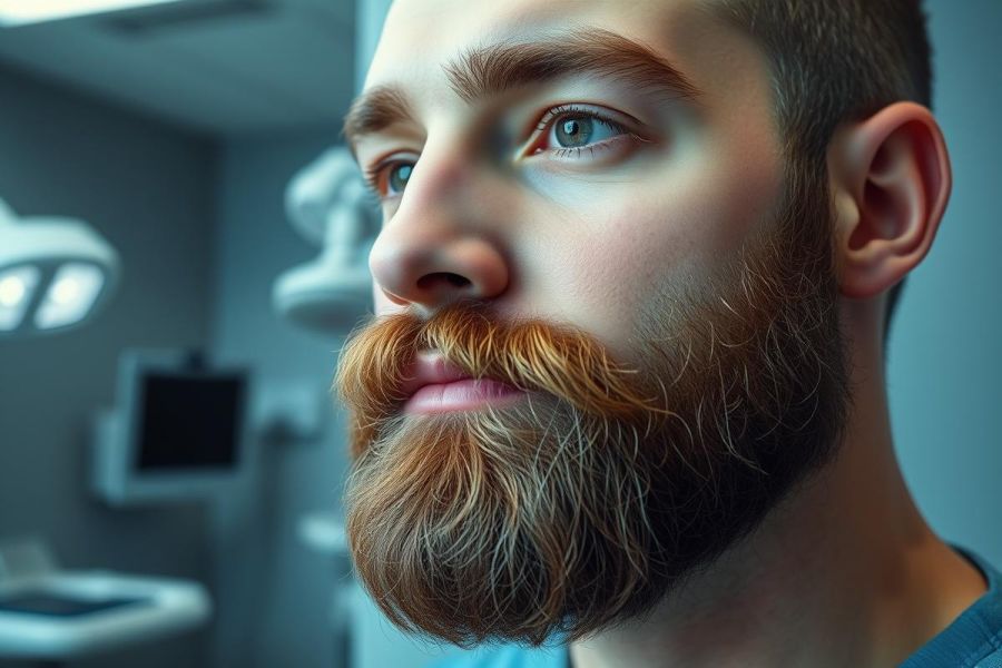 Close-up portrait of a man with a prominent ginger beard and mustache, set in a modern medical or dental clinic. Cool blue and grey tones dominate the scene. Focus on facial features and a professional, slightly serious expression. Healthcare, beard style, portrait photography.