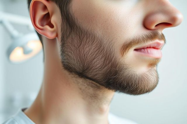 Close-up of a man's face showcasing a well-groomed brown beard and mustache. The image focuses on facial hair detail against a clean, neutral background with a medical light visible. Suitable for beard styles, men's grooming, or cosmetic procedures related to facial hair.