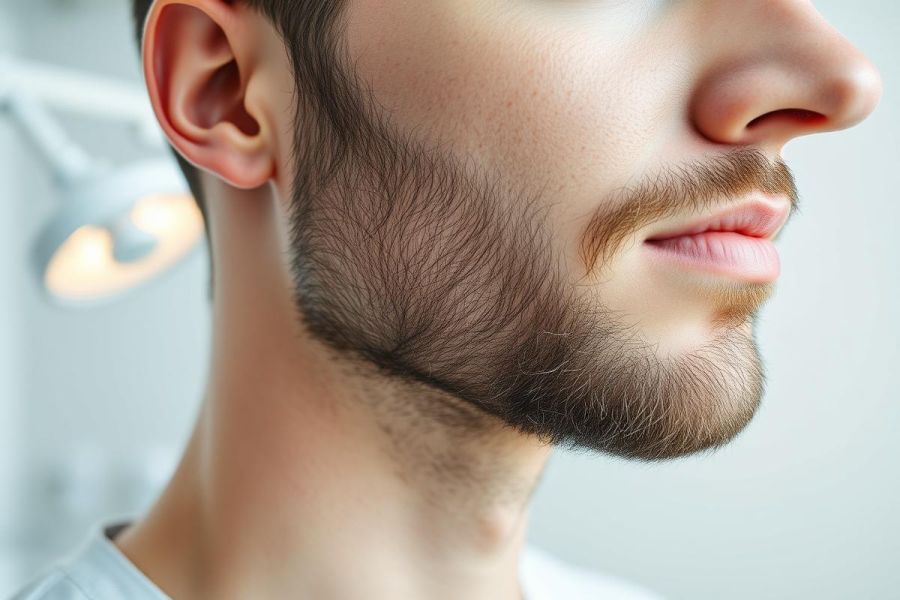 Close-up of a man's face showcasing a well-groomed brown beard and mustache. The image focuses on facial hair detail against a clean, neutral background with a medical light visible. Suitable for beard styles, men's grooming, or cosmetic procedures related to facial hair.