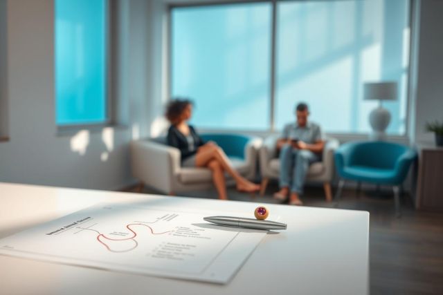 Modern office space with two people seated in teal armchairs near a large window. A diagram on a white table in the foreground suggests a business meeting or planning session. Bright, airy atmosphere with natural light and a contemporary design. Focus on collaboration and workspace.