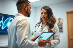 Two medical professionals in scrubs and lab coats review data on a tablet in a modern hospital hallway. Focus on healthcare, doctors, technology, and a clinical environment.