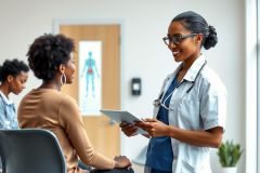 A healthcare professional in a white coat and stethoscope consults with a patient using a tablet in a modern clinic setting. The image showcases a doctor-patient interaction with a focus on digital healthcare technology.
