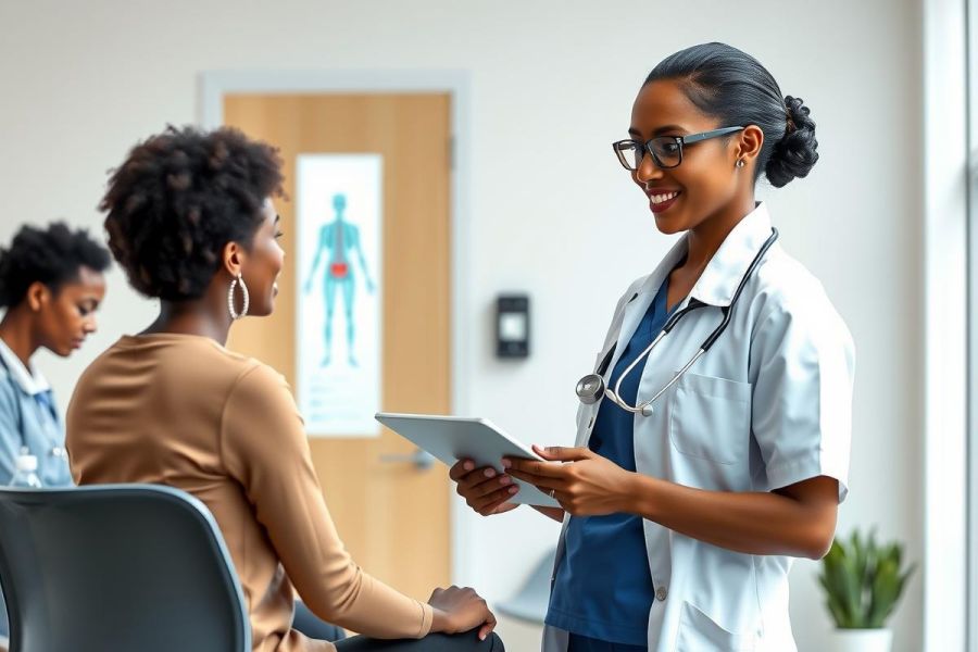 A healthcare professional in a white coat and stethoscope consults with a patient using a tablet in a modern clinic setting. The image showcases a doctor-patient interaction with a focus on digital healthcare technology.