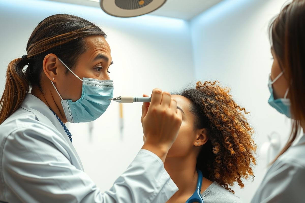 Doctor examines a patient's ear with an otoscope in a medical setting. Both are wearing masks, highlighting healthcare and safety procedures. The image features a professional medical consultation.