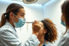 Doctor examines a patient's ear with an otoscope in a medical setting. Both are wearing masks, highlighting healthcare and safety procedures. The image features a professional medical consultation.